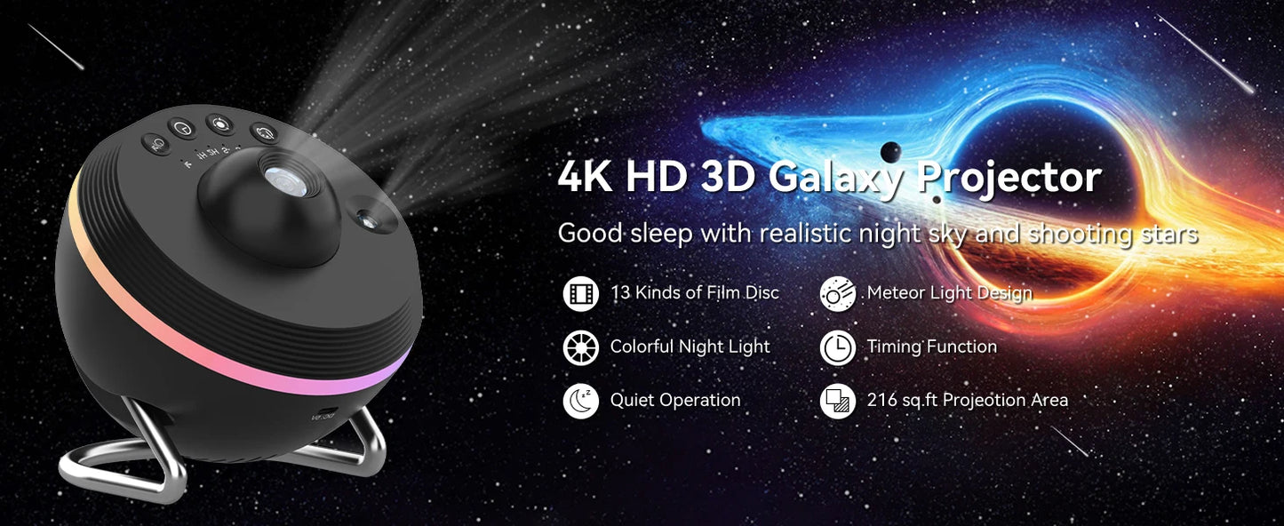 Voltify Galaxy Meteor Star Projector — 4K HD, 13-in-1 Slides, 360° Rotary Night Light for Kids & Adults