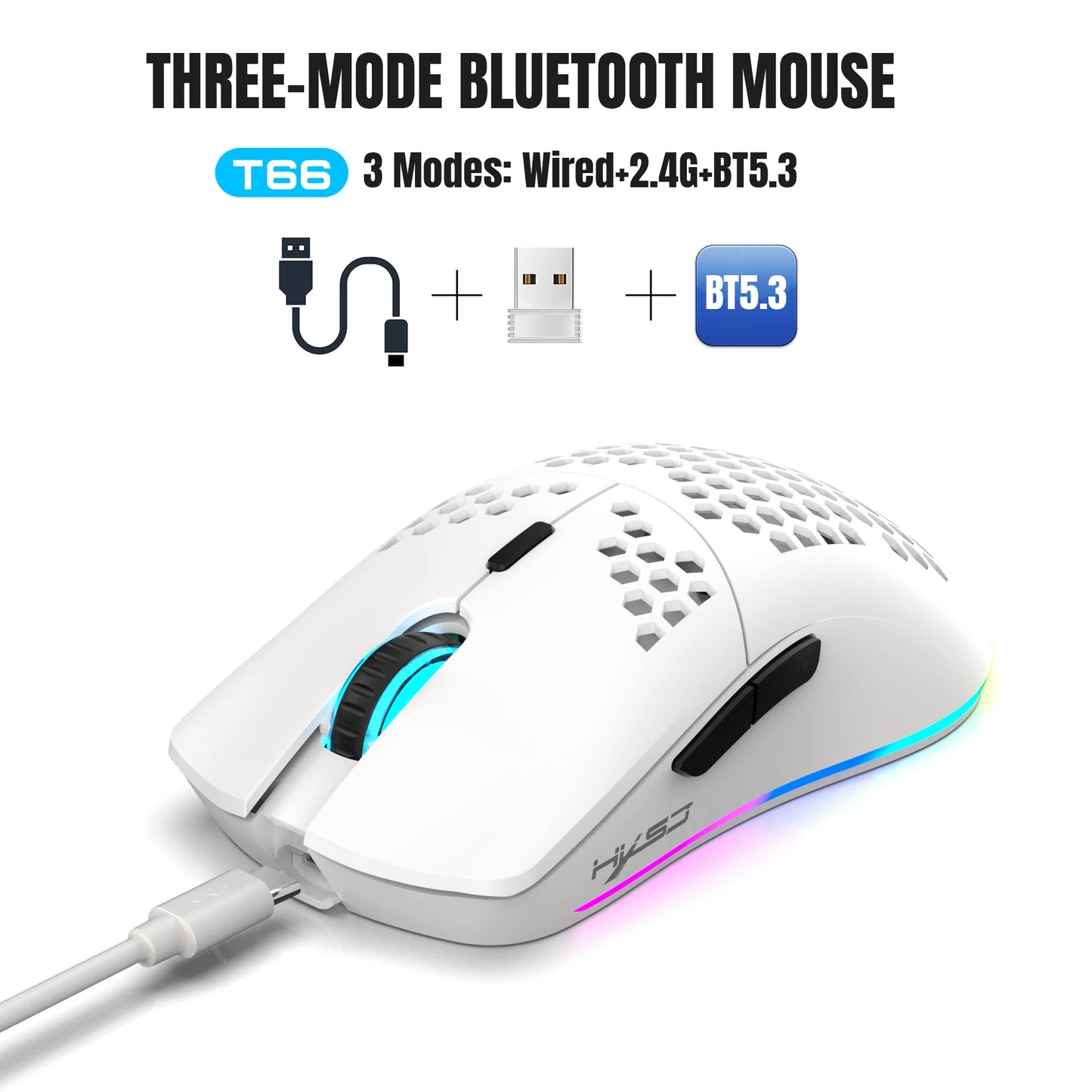 Voltify T66 Wireless Gaming Mouse — RGB, 10000 DPI, 3-Mode (Wired / 2.4G / Bluetooth)